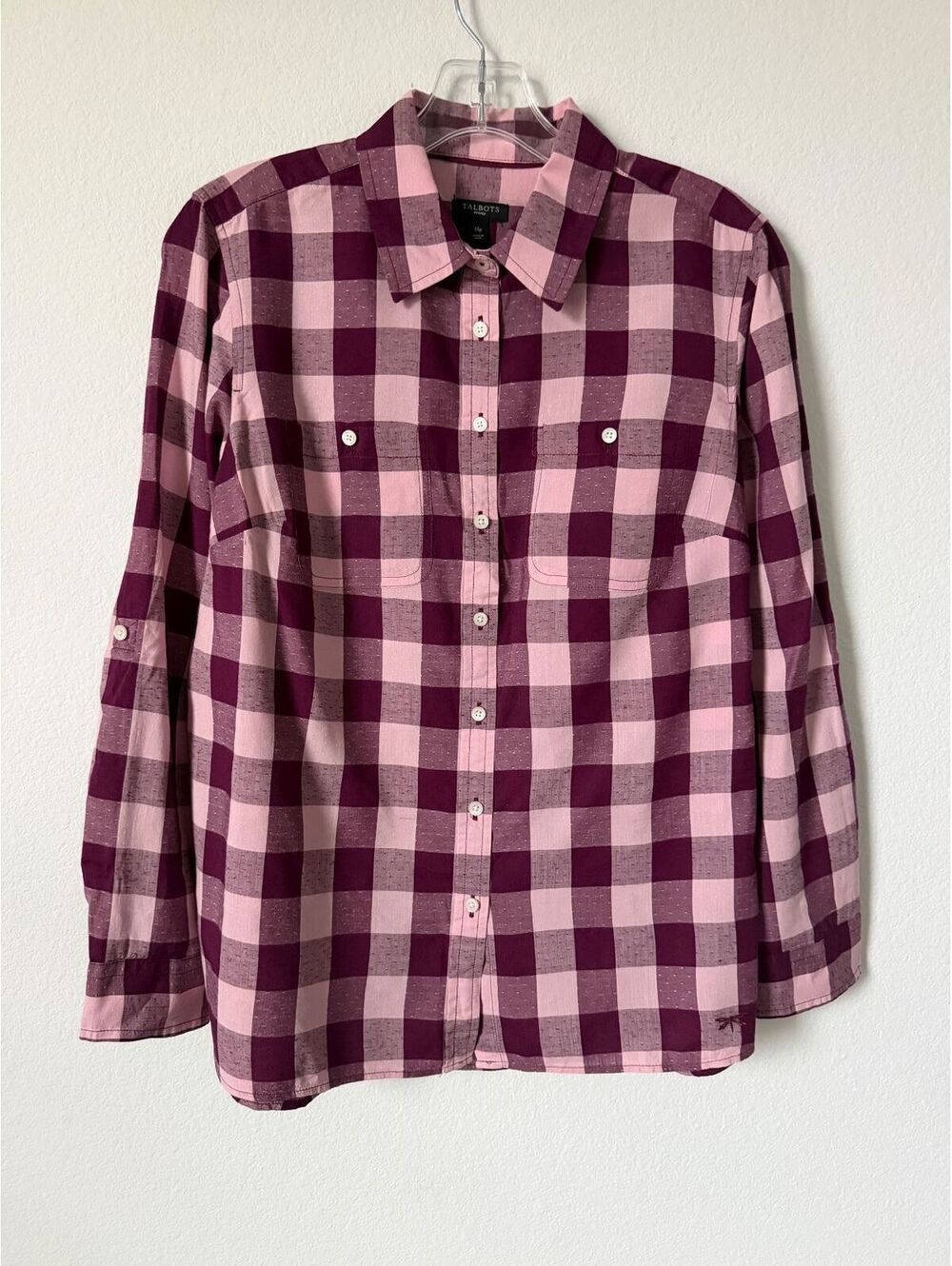 Talbots Long Sleeve Button Up Collared Burgundy/Pink Check Shirt Size M petite